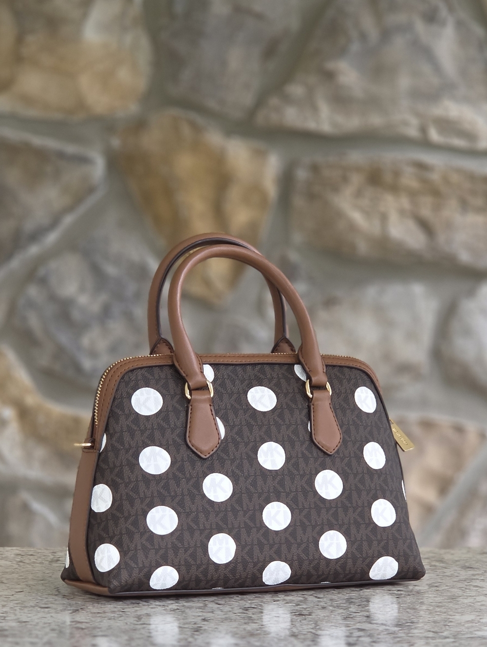 Michael Kors Kiri Polka Dot Small Dome Brown Satchel - Picture 3 of 8